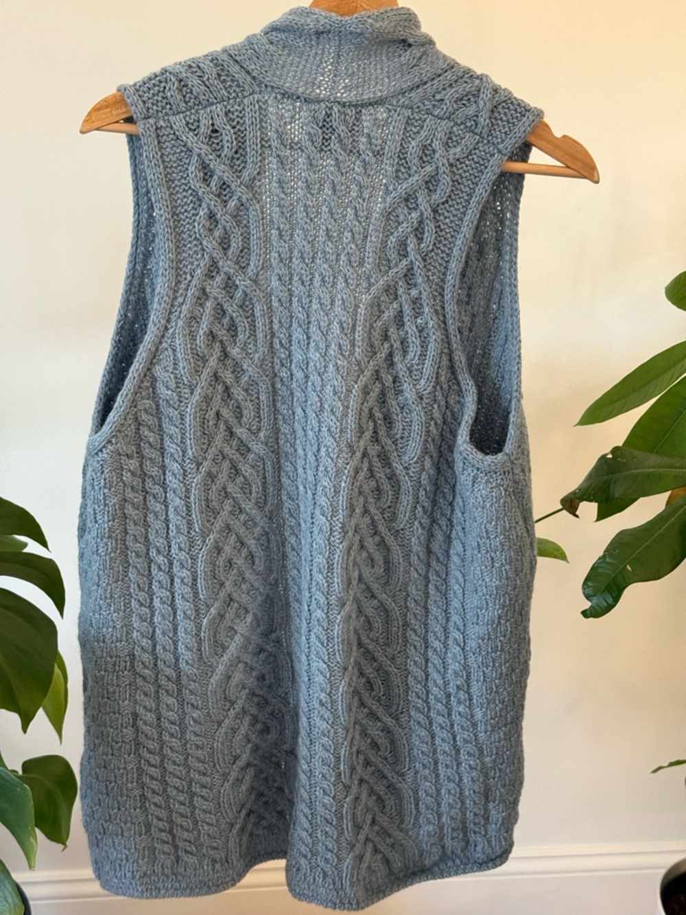 Aran Woolen Mills Open-Front Cable Knit Vest Cardigan in Dusty Teal - Picture 5 of 6